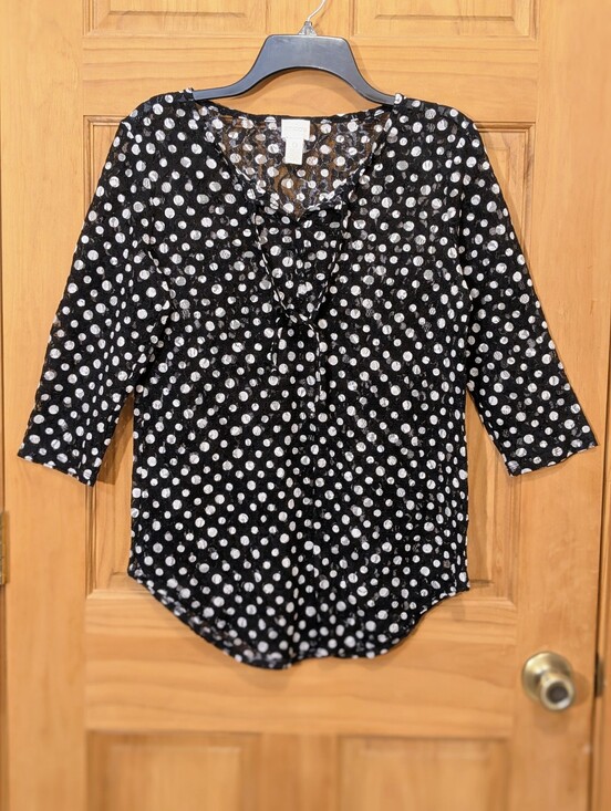 Chico's Tops - Chico's Tunic Top Nylon Mesh Polka Dot 3/4 Sleeve Semi Sheer Black White Sz 0/Sm